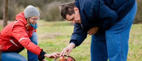 Zwei Menschen mit Behinderung sammeln Äpfel auf auf der inklusiven Streuobstwiese in Hersbruck