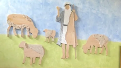 Wandbild mit Hirte und Schafen